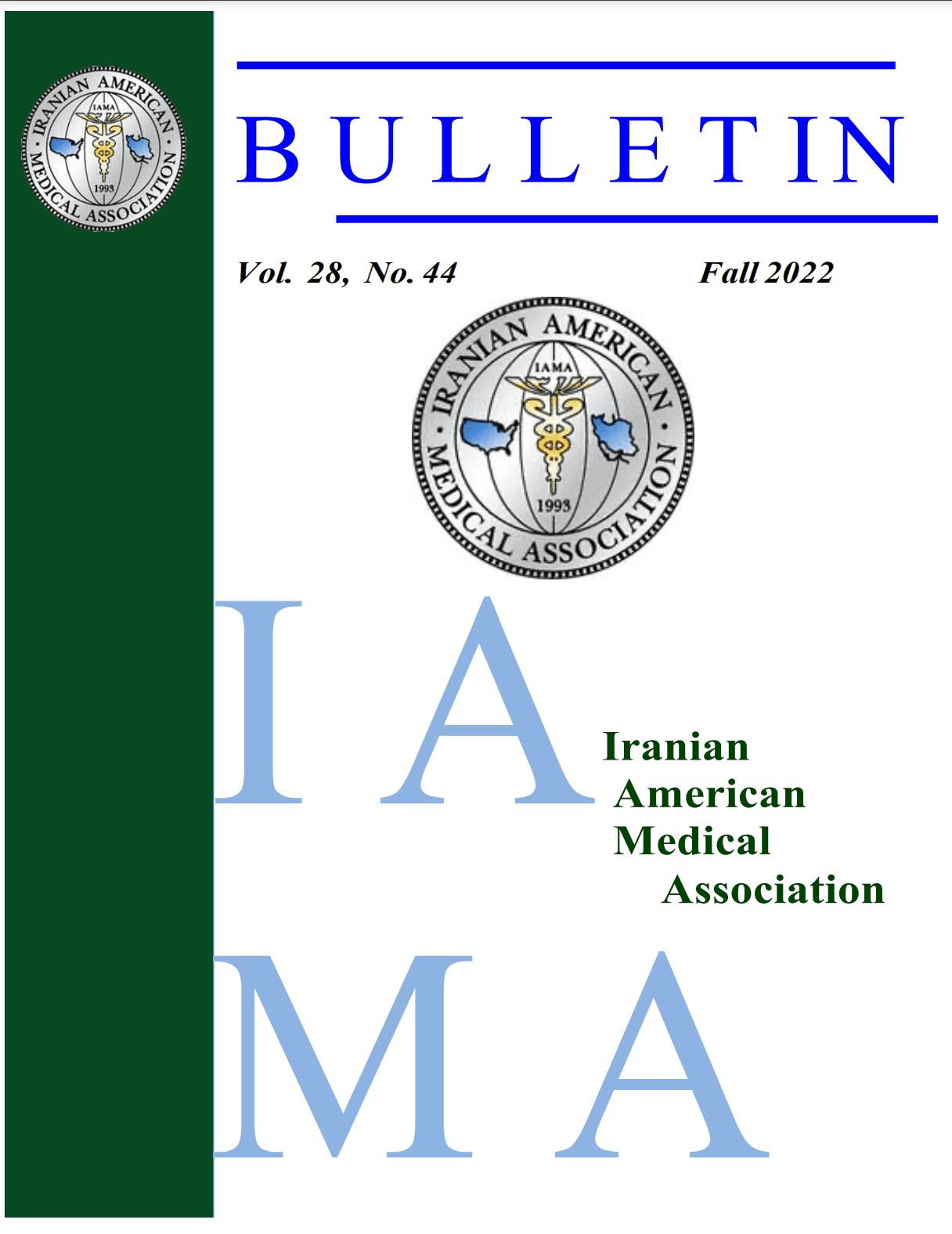 Cover of Fall 2012 IAMA Bulletin featuring the Iranian American Medical Association logo.