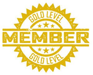Gold Level Member badge with star accents in a circular emblem.