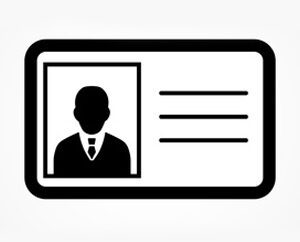 Black and white icon of an ID card with a person silhouette and lines.